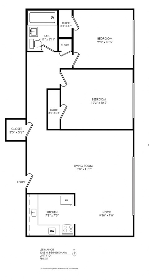 Floor plan for 2 beds, 1 bath, 780 sqft